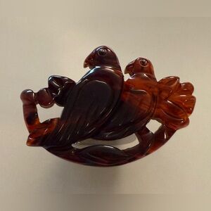 Vintage Carved Bakelite Brooch.Two Love Birds On Branch. Root Beer/ Cherry Color